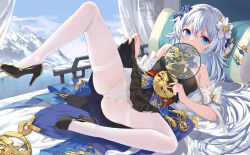 Rule 34 | 1girl, blue eyes, chinese clothes, clothes lift, devil heavens, flower, hair between eyes, hair flower, hair ornament, hand fan, high heels, highres, holding, holding fan, honkai (series), honkai impact 3rd, lifted by self, official alternate costume, on bed, panties, panties under pantyhose, pantyhose, pleated skirt, skirt, skirt lift, spread legs, theresa apocalypse, zhuge kongming (honkai impact), underwear, white hair, white pantyhose, zhuge kongming (honkai impact)
