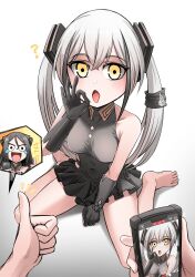 Rule 34 | 2girls, absurdres, barefoot, black dress, black eyes, black gloves, black hair, blush, breasts, cellphone, closed eyes, destroyer (girls&#039; frontline), dreamer (girls&#039; frontline), dress, fellatio gesture, girls&#039; frontline, gloves, gradient background, highres, laughing, long hair, looking at viewer, medium breasts, multicolored hair, multiple girls, open mouth, phone, pov, pov hands, sangvis ferri, senpaihawkkun, short dress, sitting, smartphone, spoken character, streaked hair, tearing up, thumbs up, tongue, tongue out, twintails, wariza, white hair, yellow eyes