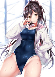Rule 34 | 1girl, bad id, bad pixiv id, black hair, blue one-piece swimsuit, brown eyes, contrapposto, cowboy shot, hand on own hip, idolmaster, idolmaster shiny colors, jacket, long hair, looking at viewer, new school swimsuit, one-piece swimsuit, open clothes, open jacket, ponytail, ponytail korosuke, school swimsuit, shirase sakuya, solo, standing, swimsuit, whistle, white jacket