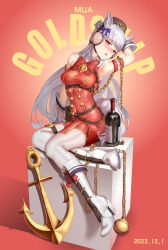 Rule 34 | 1girl, absurdres, anchor, animal ears, arm up, armpits, blush, boots, bottle, bow, box, breasts, brown headwear, buttons, chain, character name, commentary request, dated, double-breasted, dress, ear bow, gloves, gold chain, gold ship (umamusume), grey hair, highres, horse ears, horse girl, horse tail, long hair, medium breasts, mixed-language commentary, on box, open mouth, pantyhose, pillbox hat, purple bow, red background, red bow, red dress, red eyes, simple background, sitting, sleeveless, sleeveless dress, solo, tail, umamusume, white footwear, white gloves, white pantyhose, wine bottle, xg epee