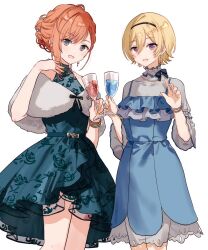 Rule 34 | 2girls, arisugawa natsuha, bare shoulders, blonde hair, blue dress, blush, braid, brown nails, covered collarbone, cow, cowboy shot, cup, double-parted bangs, dress, drinking glass, fang, fur shawl, grey eyes, hair between eyes, hairband, hands up, highres, holding, holding cup, idolmaster, idolmaster shiny colors, jewelry, looking at viewer, migolu, multiple girls, necklace, open mouth, orange hair, pearl necklace, purple eyes, saijo juri, see-through, see-through sleeves, shawl, short hair, simple background, single braid, sleeveless, sleeveless dress, white background, wine glass