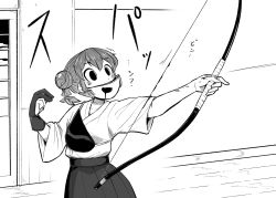 Rule 34 | 1girl, 4shi, :d, ?, accident, archery, bags under eyes, bow (weapon), commentary request, cowboy shot, dango-chan (4shi), drooling, firing, gloves, greyscale, hair bun, hakama, hakama skirt, hands up, highres, holding, holding bow (weapon), holding weapon, hollow eyes, japanese clothes, kyuudou, monochrome, motion lines, muneate, open mouth, original, outstretched arm, partially fingerless gloves, partly fingerless gloves, pleated skirt, short hair, single glove, skirt, sliced, smile, solo, sound effects, standing, translation request, weapon, yugake