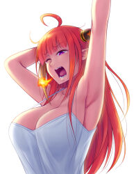 Rule 34 | 1girl, ;o, ahoge, arm behind head, armpits, arms up, blunt bangs, breasts, breath weapon, breathing fire, commentary, fangs, fire, hashtag-only commentary, hololive, horns, kiryu coco, large breasts, long hair, messy hair, nightgown, noise (tsuzuki), one eye closed, open mouth, orange hair, pointy ears, purple eyes, simple background, solo, stretching, tearing up, teeth, upper body, virtual youtuber, white background, white nightgown, yawning