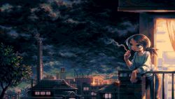 Rule 34 | 1girl, balcony, blue eyes, brown hair, building, cigarette, city, cloud, cloudy sky, commentary, curtains, english commentary, long hair, long sleeves, night, original, otnweo, outdoors, pants, parted lips, pixel art, pollution, ponytail, railing, shirt, sky, smoke, smoking, solo, tree