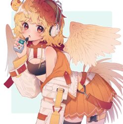 Rule 34 | 1girl, adapted costume, animal, bird, bird tail, bird wings, blonde hair, blush, breasts, chick, cleavage, cowboy shot, feathered wings, highres, jacket, medium breasts, multicolored hair, niwatari kutaka, open clothes, open jacket, open mouth, orange skirt, pleated skirt, red eyes, red hair, short hair, skirt, small breasts, solo, tail, touhou, touya (konpekitou), two-tone hair, white jacket, wings, yellow wings
