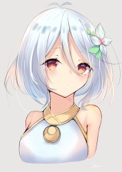 Rule 34 | 1girl, absurdres, antenna hair, bare shoulders, closed mouth, cropped torso, flower, grey background, hair between eyes, hair flower, hair ornament, highres, jam (jamjam777), kokkoro (princess connect!), medium hair, portrait, princess connect!, red eyes, silver hair, simple background, solo, straight hair, white flower
