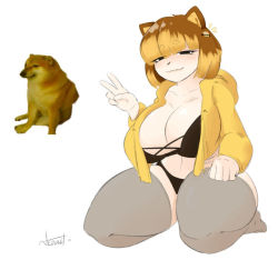 Rule 34 | 1girl, animal ears, breasts, cheems, dog, dog ears, dog girl, large breasts, meme, nezulet, personification, simple background, sitting, tagme, thick thighs, thighs, v, white background