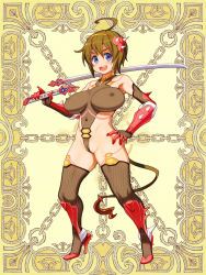 Rule 34 | 1girl, ahoge, between labia, blue eyes, breasts, brown hair, cameltoe, character request, elbow gloves, covered erect nipples, frontal wedgie, full body, gloves, hairband, hand on own hip, high heels, holding, kerberos blade, large breasts, looking at viewer, open mouth, ryoji (nomura ryouji), short hair, solo, sword, tail, weapon, wedgie