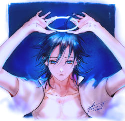 Rule 34 | 1boy, arms up, bare arms, blue background, blue eyes, blue hair, blue theme, collared shirt, halo, holding halo, looking at viewer, male focus, manami sangaku, medium hair, open clothes, open shirt, shirt, short sleeves, signature, smile, solo, upper body, yooani, yowamushi pedal