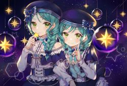 Rule 34 | 2girls, alternate hairstyle, aqua hair, bang dream!, beret, black nails, blue capelet, blue headwear, blue ribbon, blue vest, bow, braid, brooch, capelet, center frills, churi (oxxchurixxo), constellation hair ornament, corset, earrings, frills, gemini (constellation), green eyes, hair over shoulder, hat, hat bow, highres, hikawa hina, hikawa sayo, holding, holding star, index finger raised, jewelry, locked arms, long sleeves, looking at viewer, multiple girls, nail polish, neck ribbon, print headwear, ribbon, shooting star, siblings, single braid, sisters, skirt, star (sky), star (symbol), starry background, starry sky print, striped ribbon, twins, upper body, vest