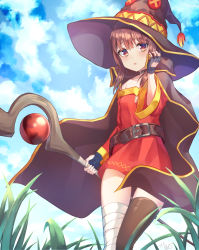 1girl absurdres bandaged_leg bandages belt black_thighhighs blush breasts brown_hair cape capelet cloak cloud commentary_request day dress fingerless_gloves from_below gloves grass hat highres kono_subarashii_sekai_ni_shukufuku_wo! looking_at_viewer medium_breasts megumin open_mouth outdoors red_dress red_eyes short_hair_with_long_locks single_thighhigh solo staff thighhighs witch_hat yansae81