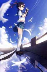 Rule 34 | 1girl, :d, animal, bird, black hair, blue eyes, blue sailor collar, blue skirt, blue sky, blurry, blurry foreground, brown footwear, camera, cloud, commentary request, contrail, day, depth of field, feathers, hair ribbon, highres, holding, holding camera, loafers, open mouth, original, outdoors, panties, pleated skirt, ponytail, profile, puddle, red ribbon, reflection, revision, ribbon, ripples, sailor collar, school uniform, serafuku, shirt, shoes, short sleeves, skirt, sky, smile, solo, standing, thighhighs, underwear, white feathers, white panties, white shirt, white thighhighs, yan (nicknikg)