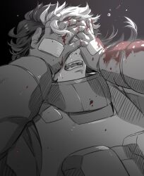 Rule 34 | 1boy, blood, blood on clothes, blood on hands, covering own eyes, crying, face in hands, guel jeturk, gundam, gundam suisei no majo, high collar, highres, long sleeves, male focus, monochrome, open mouth, skychabo23, solo, spacesuit, spot color, teardrop, tears, two-tone background, upper body