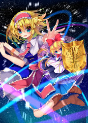 Rule 34 | 1girl, :d, alice margatroid, amakawa sakko, bad id, bad pixiv id, blonde hair, blue eyes, book, boots, bow, grimoire of alice, hair bow, hair ribbon, hairband, highres, holding, holding book, lolita hairband, long hair, looking at viewer, magic circle, mary janes, open mouth, ribbon, shanghai doll, shield, shoes, short hair, smile, string, touhou