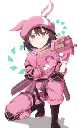 Rule 34 | 1girl, animal hat, blush, boots, brown eyes, brown footwear, brown hair, bullpup, closed mouth, commentary request, cross-laced footwear, facing viewer, fur-trimmed gloves, fur trim, gloves, gun, hair between eyes, hat, highres, holding, holding gun, holding weapon, jacket, kooan, lace-up boots, leaning to the side, llenn (sao), long sleeves, looking at viewer, on one knee, p-chan (p90), p-chan (sao), p90, pants, personal defense weapon, pink gloves, pink hat, pink jacket, pink pants, rabbit hat, smile, solo, submachine gun, sword art online, sword art online alternative: gun gale online, tsurime, v-shaped eyebrows, weapon, white background