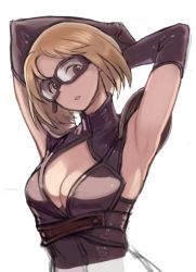 Rule 34 | 10s, 1girl, armpits, arms behind head, arms up, black gloves, blonde hair, breasts, brown eyes, cleavage, cleavage cutout, clothing cutout, djeeta (granblue fantasy), elbow gloves, gloves, goggles, granblue fantasy, marksman (granblue fantasy), niku-name, open mouth, short hair, simple background, solo, upper body, white background