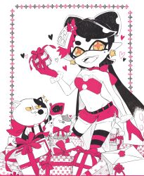 Rule 34 | 1girl, bare shoulders, belt, black belt, black hair, black thighhighs, callie (splatoon), choker, christmas, commentary, crop top, earrings, fangs, flag, food, food on head, fur-trimmed gloves, fur-trimmed shirt, fur-trimmed shorts, fur trim, gift, gloves, heart, highres, holding, holding gift, inkling, jewelry, judd (splatoon), li&#039;l judd (splatoon), long hair, looking at another, looking at viewer, midriff, mole, mole under eye, navel, nintendo, object on head, okome 2g2g, open mouth, partially colored, pointy ears, red choker, red gloves, red shirt, red shorts, red thighhighs, shirt, short shorts, shorts, side-tie shorts, smile, splatoon (series), standing, star (symbol), star earrings, striped clothes, striped thighhighs, swept bangs, tentacle hair, thighhighs, yellow eyes
