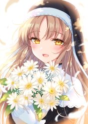 Rule 34 | :d, blush, brown eyes, eyebrows, flower, gloves, highres, holding, holding flower, light brown hair, long hair, looking at viewer, nijisanji, nikyuppa, nun, open mouth, sister claire, sister claire (1st costume), smile, traditional nun, virtual youtuber, white gloves