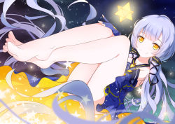 Rule 34 | 1girl, bare legs, bare shoulders, barefoot, blue dress, collarbone, crossed ankles, dress, feet, fingerless gloves, gloves, hair ornament, highres, long hair, looking at viewer, no legwear, purple hair, ribbon, smile, solo, star (sky), star (symbol), stellated octahedron, toes, twintails, very long hair, vocaloid, vocanese, xiao ren, xingchen, yellow eyes