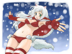 Rule 34 | animal ears, bow, bra, cat ears, cat tail, fingerless gloves, gloves, goldenbicth, green eyes, heterochromia, lingerie, long hair, midriff, navel, original, panties, santa costume, snow, solo, striped clothes, striped thighhighs, tail, thighhighs, underwear, white hair