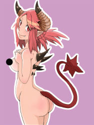 Rule 34 | 1girl, 41 (taskmaster41), ass, bad id, bad pixiv id, belly, breasts, censored, censored nipples, completely nude, demon girl, demon horns, demon tail, fang, horns, looking back, navel, nude, orange hair, original, pointy ears, red eyes, simple background, smile, solo, spikes, tail