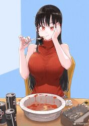 Rule 34 | 1girl, absurdres, bare shoulders, big sister (navigavi), black hair, blue background, bone, breasts, can, cellphone, chair, commentary request, eating, fork, hair ornament, hairclip, hand on own cheek, hand on own face, highres, holding, holding fork, jun (navigavi), large breasts, long hair, napkin, original, phone, red eyes, red sweater, sitting, sleeveless, sleeveless sweater, solo, sweater, turtleneck, turtleneck sweater