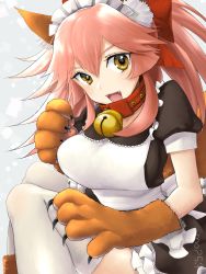 Rule 34 | 1girl, alternate costume, animal ears, animal hands, apron, bell, breasts, collar, enmaided, fate/grand order, fate (series), fox ears, fox tail, hair ribbon, large breasts, long hair, looking at viewer, maid, maid apron, maid headdress, mo253, neck bell, open mouth, pink hair, ribbon, solo, tail, tamamo (fate), tamamo cat (fate), tamamo cat (second ascension) (fate), tamamo no mae (fate/extra), thighhighs, white thighhighs, yellow eyes