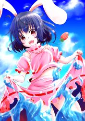 Rule 34 | 1girl, adapted costume, alternate costume, animal ears, black hair, blue sky, blush, carrot, clothes lift, cloud, day, detached sleeves, dutch angle, fang, hidamari (artist), hidamari (mizuiro yume koubou), highres, inaba tewi, jewelry, looking at viewer, necklace, open mouth, partially submerged, puffy sleeves, rabbit ears, red eyes, shirt, short hair, short sleeves, skirt, skirt lift, sky, smile, solo, touhou, water
