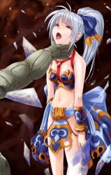 Rule 34 | 1girl, asphyxiation, beimei, belly dancer, blue hair, blue ribbon, bracelet, breasts, defeat, drooling, female focus, image sample, jewelry, loincloth, long hair, melbu frahma, meru (dragoon), midriff, navel, open mouth, pixiv sample, ponytail, red eyes, ribbon, rolling eyes, saliva, small breasts, strangling, sweat, tears, the legend of dragoon, tongue, wingly
