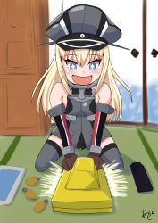 Rule 34 | + +, 1girl, akashieru, anchor ornament, armor, bare shoulders, bismarck (kancolle), blonde hair, blue eyes, breastplate, brown gloves, cabinet, detached sleeves, dress, gloves, grey dress, grey thighhighs, hat, highres, kantai collection, military hat, military uniform, one-hour drawing challenge, peaked cap, print gocco, smile, solo, tatami, thighhighs, uniform