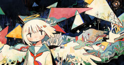 Rule 34 | 1girl, abstract background, absurdres, angel, angel wings, closed mouth, facing viewer, grey sailor collar, halo, highres, light blush, looking to the side, mamei mema, neckerchief, original, outdoors, plant, red neckerchief, sailor collar, sailor shirt, school uniform, serafuku, shirt, short hair, sideways glance, solo, sparkle, standing, tareme, triangle, upper body, white hair, wind, wings