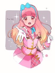 Rule 34 | 10s, 1girl, :d, aikatsu! (series), aikatsu friends!, artist name, belt, belt buckle, blonde hair, bow, bowtie, buckle, character name, cropped legs, dated, gloves, gradient hair, hair bow, hairband, highres, jacket, long hair, looking at viewer, multicolored hair, open mouth, outstretched arm, pink hair, pink jacket, red eyes, short sleeves, skirt, smile, solo, susinoyama, two-tone background, two-tone hair, white gloves, yuki aine
