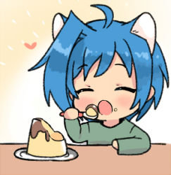 Rule 34 | 10s, 1boy, ahoge, animal ears, bad id, bad pixiv id, blue hair, blush, cardfight!! vanguard, cat boy, cat ears, cat tail, chawanmushi (ebikamaboko), eating, food, food on face, heart, lowres, male focus, open mouth, pudding, sendou aichi, short hair, solo, spoon, tail