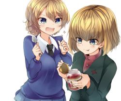 Rule 34 | 10s, 2girls, :d, :p, amai nekuta, black neckwear, blonde hair, blouse, blue eyes, blue skirt, blue sweater, braid, braided bun, clenched hands, closed mouth, commentary request, darjeeling (girls und panzer), dress shirt, emblem, excited, fork, girls und panzer, green jacket, hair bun, holding, holding fork, holding spoon, jacket, jam, jar, katyusha (girls und panzer), long sleeves, looking at another, miniskirt, multiple girls, necktie, open mouth, pleated skirt, pravda school uniform, red shirt, school uniform, shirt, short hair, simple background, skirt, smile, sparkle, spoon, st. gloriana&#039;s school uniform, standing, sweater, tongue, tongue out, turtleneck, v-neck, v-shaped eyebrows, white background, white shirt, wing collar
