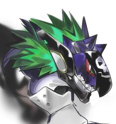 Rule 34 | 1other, digimon, digimon (creature), green eyes, green hair, loudmon, oridigi, portrait, sharp teeth, simple background, skull, solo, spiked hair, teeth, white background, yuxia1025