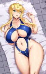 Rule 34 | 1girl, :o, ahoge, akitsuki karasu, artoria pendragon (fate), artoria pendragon (lancer) (fate), back, blonde hair, blue one-piece swimsuit, braid, breasts, clothing cutout, crown braid, curvy, fate/grand order, fate (series), green eyes, hair between eyes, highleg, highleg swimsuit, highres, huge breasts, long hair, looking at viewer, lying, navel, navel cutout, on back, on floor, one-piece swimsuit, open mouth, solo, stomach, swimsuit, thighs, tile floor, tiles, towel, wet, wide hips