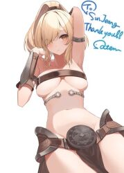 Rule 34 | 1girl, arm up, armpits, belt, belt bra, belt buckle, blonde hair, breasts, brown belt, buckle, cleavage, closed mouth, eyes visible through hair, gauntlets, hair over one eye, indie virtual youtuber, large breasts, medium hair, navel, ponytail, second-party source, simple background, sl10 d, solo, sunjeong (vtuber), white background, yellow eyes
