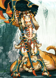 Rule 34 | 1girl, animal hat, asgr, bandages, claws, facial mark, gloves, grin, gunryuu sangoku-den, hands on own hips, hat, highres, long hair, midriff, original, polearm, silver hair, smile, solo, spear, tiger, tiger hat, weapon, yellow eyes