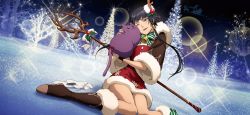 Rule 34 | 1girl, bare legs, bleach, bleach: brave souls, blush, breasts, christmas, christmas tree, fake horns, hair ornament, horns, lips, long hair, night, night sky, official art, shiny skin, silhouette, sky, small breasts, smile, solo, stuffed animal, stuffed toy, sui-feng