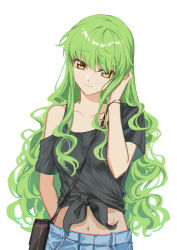 Rule 34 | 1girl, absurdres, alternate hairstyle, arm behind back, black shirt, c.c., casual, closed mouth, clothing cutout, code geass, collarbone, curly hair, floating hair, green hair, hair between eyes, hand in own hair, head tilt, highres, long hair, looking at viewer, midriff, navel, okuseric, shirt, short sleeves, shoulder cutout, simple background, smile, solo, standing, stomach, tied shirt, very long hair, white background, yellow eyes