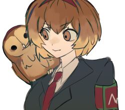 Rule 34 | 1girl, animal, animal on shoulder, armband, black suit, blonde hair, bob cut, brown eyes, brown hair, closed mouth, collared jacket, collared shirt, commentary request, eyelashes, formal, gradient hair, hairband, highres, jacket, korean commentary, lc lor yesssod, letter, lobotomy corporation, looking at animal, malkuth (project moon), multicolored hair, necktie, project moon, red armband, red hairband, red necktie, shirt, short hair, sketch, smile, suit, upper body, v-shaped eyebrows, white background, white shirt