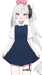 Rule 34 | 1girl, :d, billbung, blue archive, blush, dress, flat chest, grey hair, halo, highres, long hair, looking at viewer, mutsuki (blue archive), open mouth, pinafore dress, purple eyes, side ponytail, simple background, sleeveless dress, smile, solo, very long hair, white background