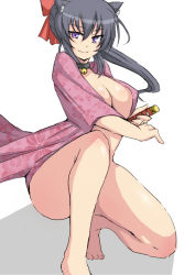 Rule 34 | 1girl, animal ears, bell, black hair, blue hair, bottomless, bow, breasts, cat ears, cat girl, collar, covered erect nipples, female focus, floral print, hair bow, japanese clothes, jingle bell, katana, large breasts, legs, long hair, looking at viewer, minato satoi, naughty face, neck bell, no bra, noihara himari, omamori himari, on one knee, open clothes, ponytail, purple eyes, sidelocks, simple background, solo, sword, thighs, weapon, white background