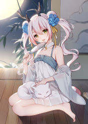 Rule 34 | 1girl, :d, animal, animal on lap, bare shoulders, barefoot, bison cangshu, blue flower, blush, breasts, cat, cleavage, commentary request, copyright request, detached sleeves, dress, flower, full moon, green eyes, grey sleeves, hair between eyes, hair flower, hair ornament, hair ribbon, head tilt, highres, holding, horns, indoors, long hair, long sleeves, looking at viewer, moon, night, on floor, on lap, open mouth, ribbon, sleeveless, sleeveless dress, small breasts, smile, solo, twintails, very long hair, virtual youtuber, white cat, white dress, white hair, wide sleeves, wooden floor, yellow ribbon