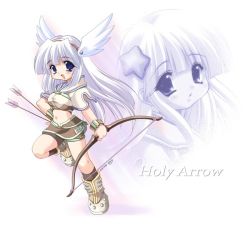 Rule 34 | 1girl, arrow (projectile), blue eyes, boots, bow, bow (weapon), duplicate, emily (pure dream), hairband, hunter, hunter (ragnarok online), long hair, midriff, multiple views, ragnarok online, weapon, white hair, wings