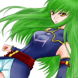 Rule 34 | 00s, 1girl, armlet, armpits, bare shoulders, brown hair, c.c., code geass, detached sleeves, expressionless, eyebrows, green hair, long hair, long sleeves, looking at viewer, robe, shorts, simple background, skin tight, solo, very long hair, white background, yellow eyes