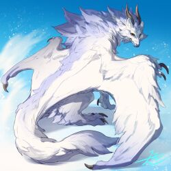 Rule 34 | animal ears, animal focus, black horns, blue background, claws, dragon, full body, highres, horns, looking at viewer, looking back, monster, no humans, original, signature, simple background, sitting, solo, white fur, wings, wolf ears, yamamura le, yellow eyes