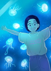 Rule 34 | 1girl, aragon honnin, black eyes, black hair, blue theme, bubble, cowboy shot, glasses, glowing, halftone, jellyfish, looking at viewer, open mouth, original, outstretched arms, shirt tucked in, short hair, short sleeves, smile, solo