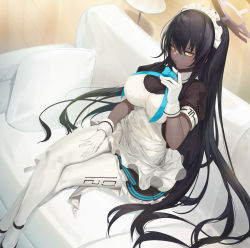 Rule 34 | 1girl, absurdres, ahoge, apron, black footwear, black hair, blue archive, blue ribbon, breasts, commentary, couch, crossed legs, dark-skinned female, dark skin, gloves, hair between eyes, twirling hair, half-closed eyes, halo, hand on own thigh, hand up, highres, jam (nandade), karin (blue archive), large breasts, long hair, looking at viewer, maid headdress, on couch, pantyhose, parted lips, pillow, puffy short sleeves, puffy sleeves, ribbon, short sleeves, sitting, solo, very long hair, white apron, white gloves, white pantyhose, yellow eyes