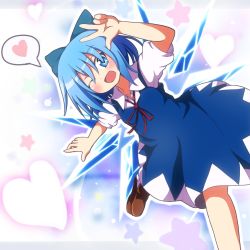 Rule 34 | 1girl, arm up, blue dress, blue eyes, blue hair, blush, bow, cirno, do (4-rt), dress, hair bow, heart, loafers, matching hair/eyes, shoes, short hair, solo, spoken heart, star (symbol), touhou, wings, wink